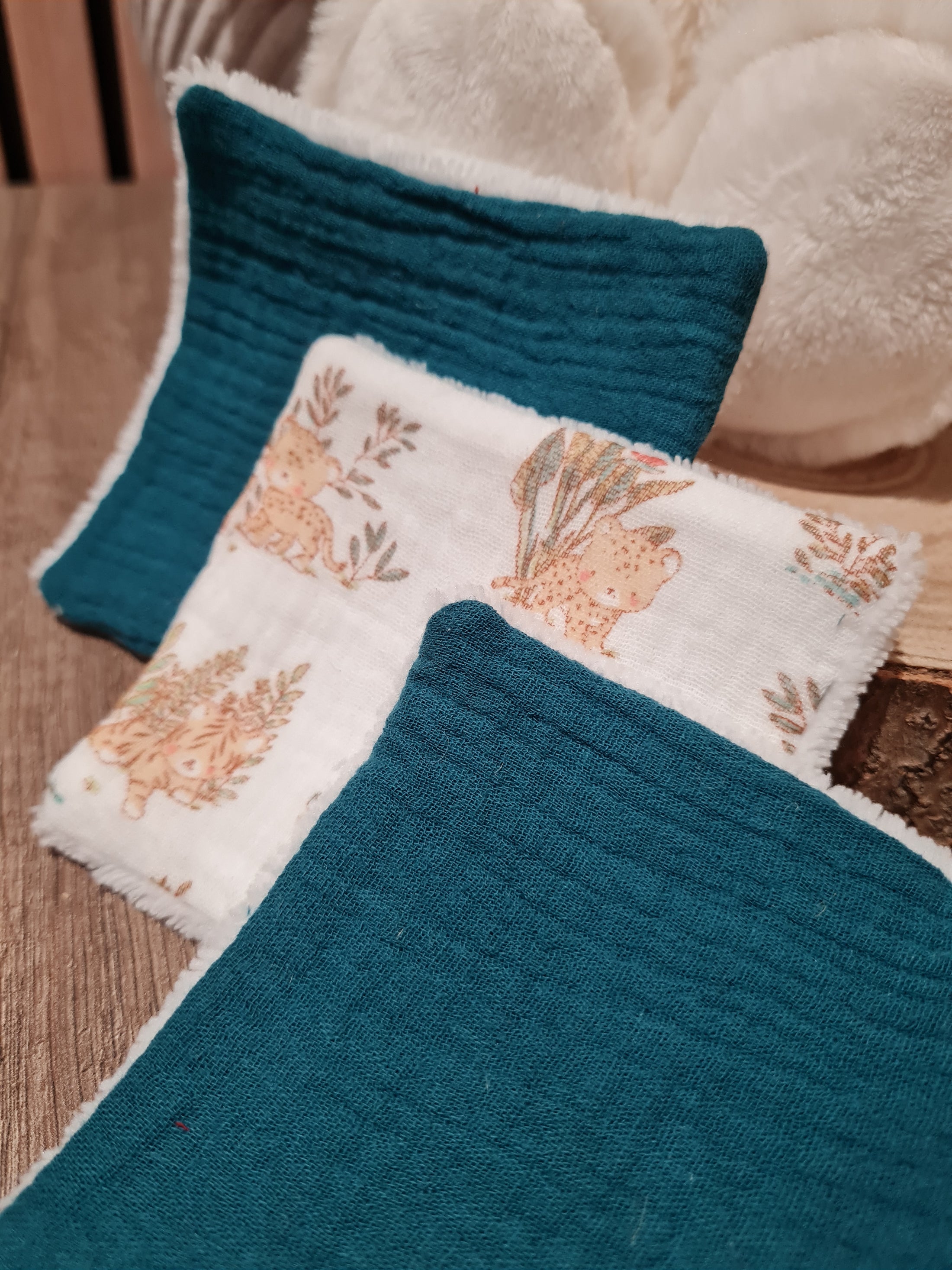 Lot de 3 lingettes lavables Bleu canard/Motif - Lyne (Édition limitée)