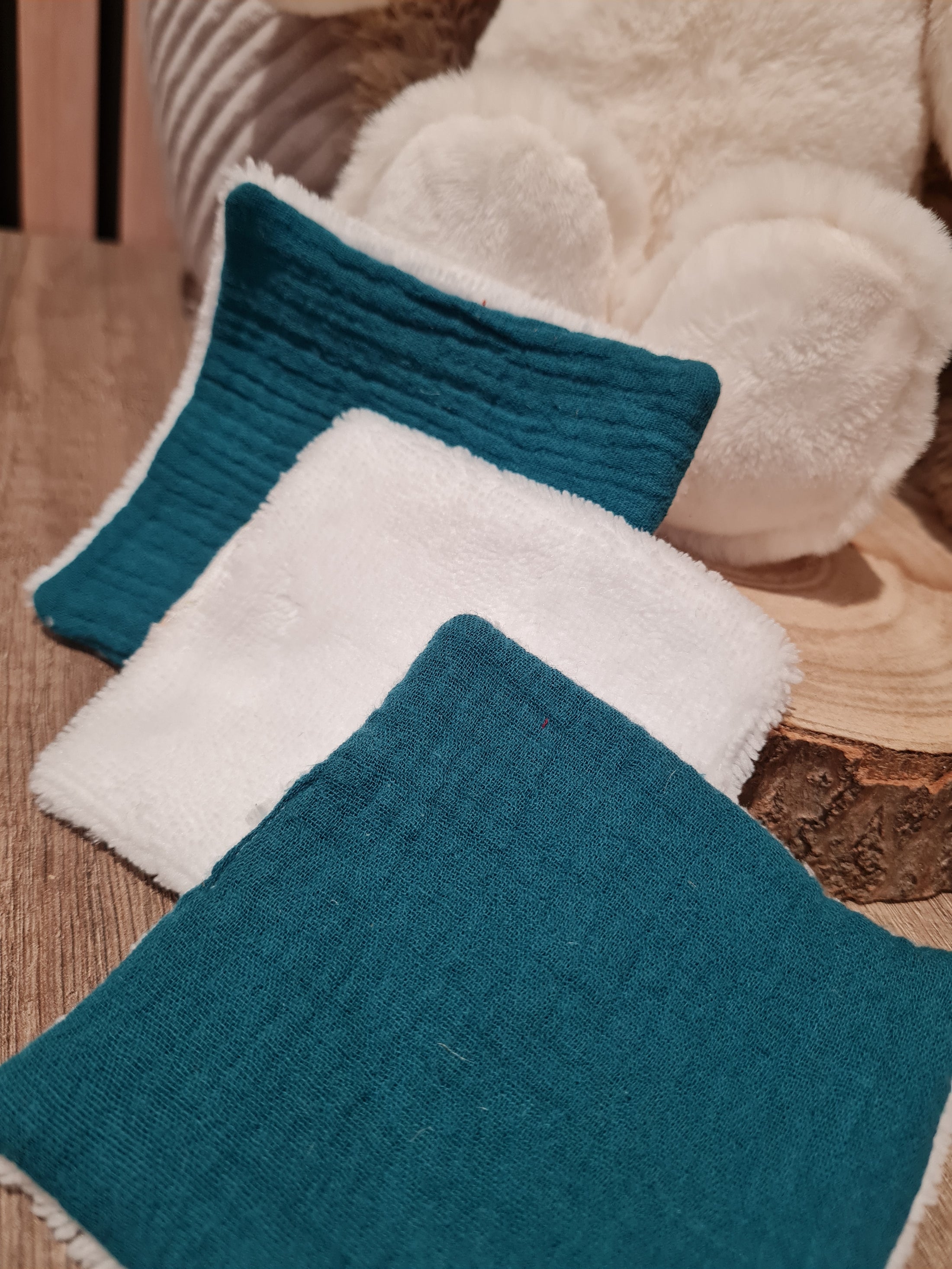 Lot de 3 lingettes lavables Bleu canard/Motif - Lyne (Édition limitée)