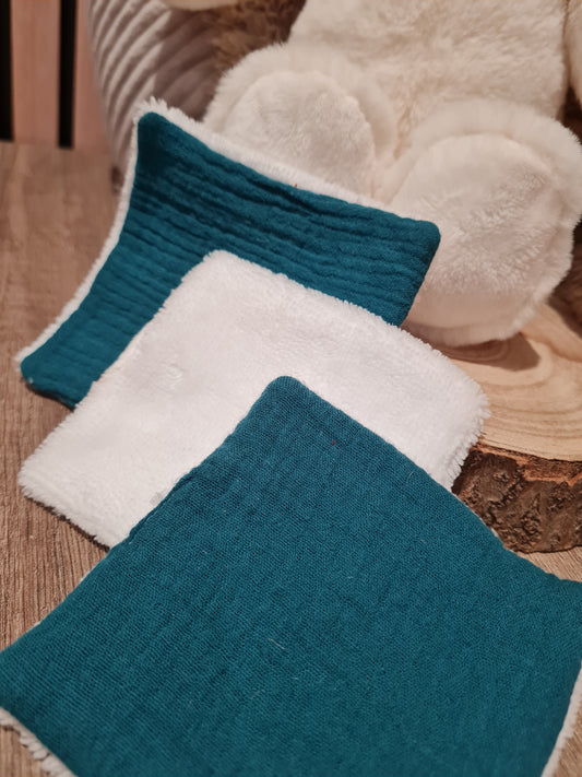 Lot de 3 lingettes lavables Bleu canard/Motif - Lyne (Édition limitée)