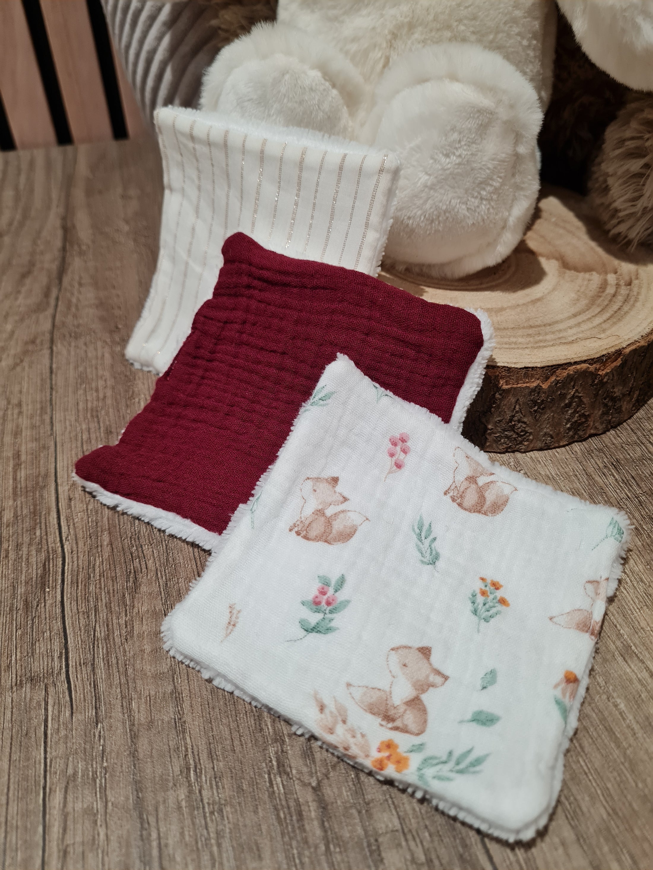 Lot de 3 lingettes lavables Bordeaux/Rayé/Motif - Lyne (Édition limitée)