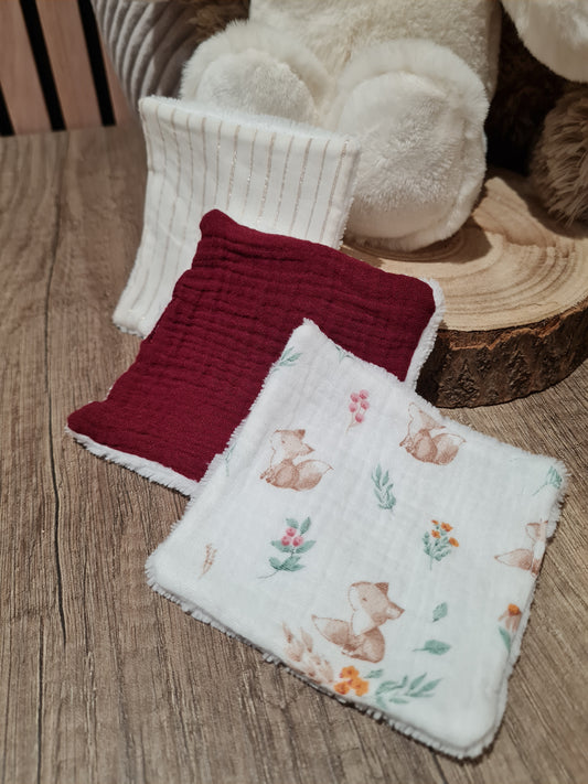 Lot de 3 lingettes lavables Bordeaux/Rayé/Motif - Lyne (Édition limitée)