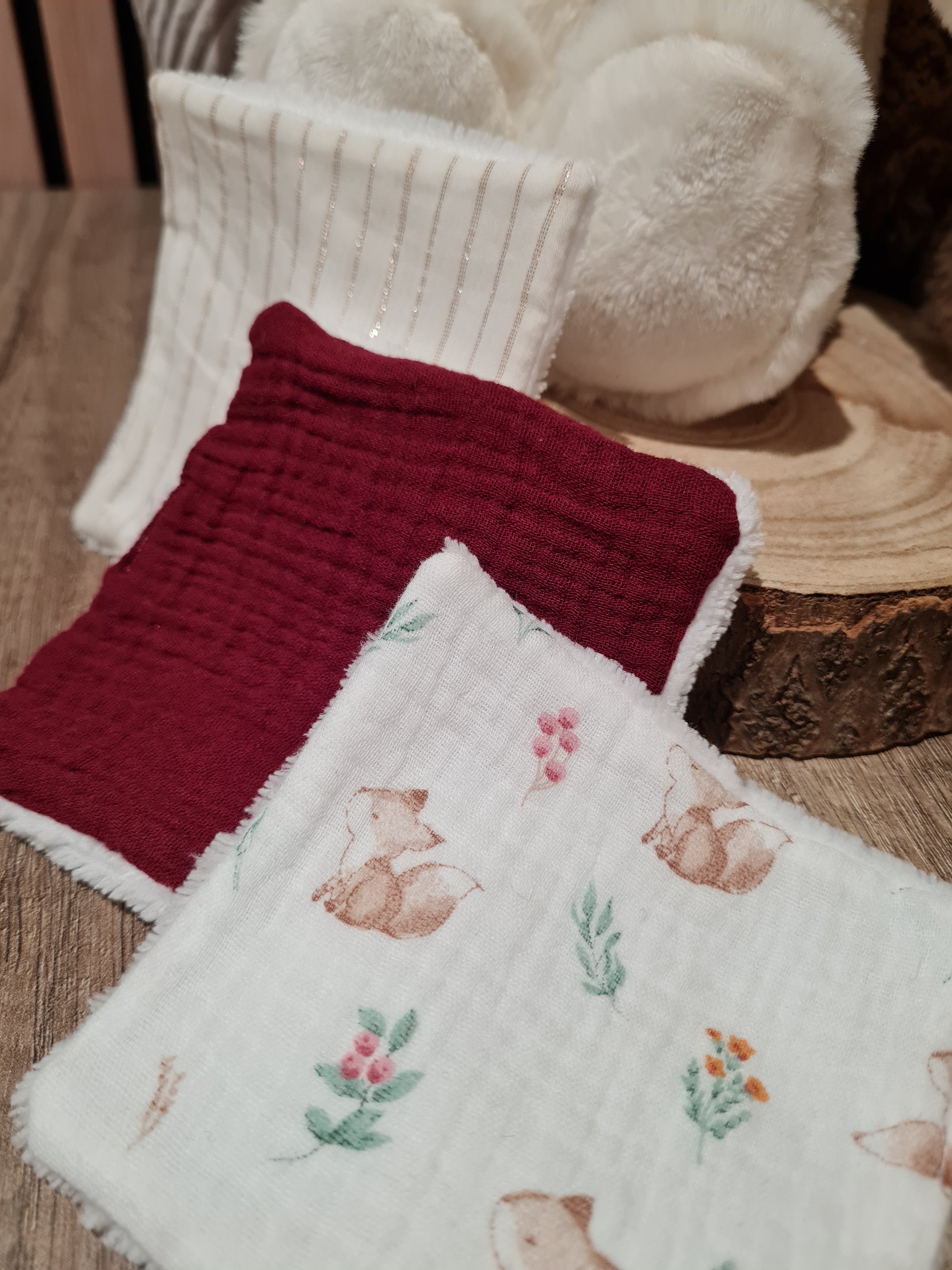 Lot de 3 lingettes lavables Bordeaux/Rayé/Motif - Lyne (Édition limitée)